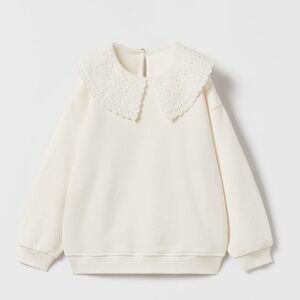 Zara White Sweatshirt with Lace Peter Pan Collar 2-3T